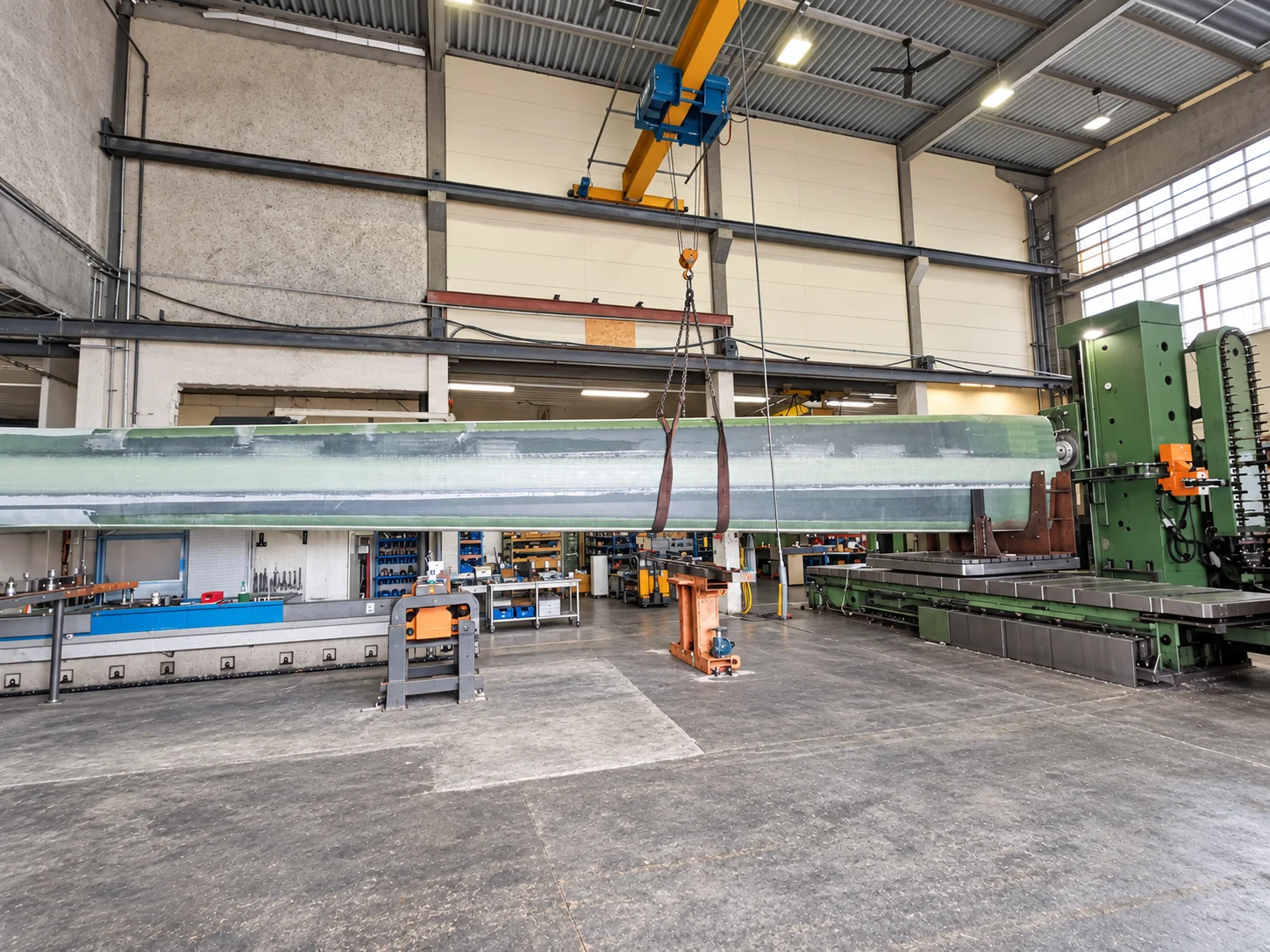 Rotor blade component with crane, workholding and boring mill